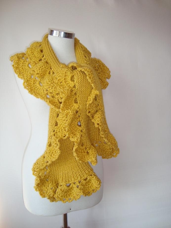Mustard Yellow Spring Garden Shawl and Scarf with Crochet Lace