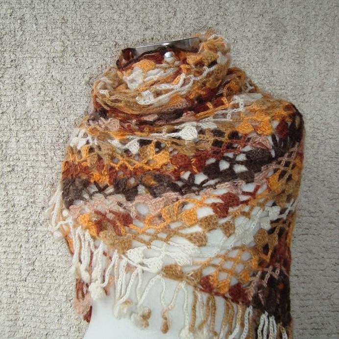 LUXURY MOHAIR Brown, Orange and Cream Colours Triangle Shawl
