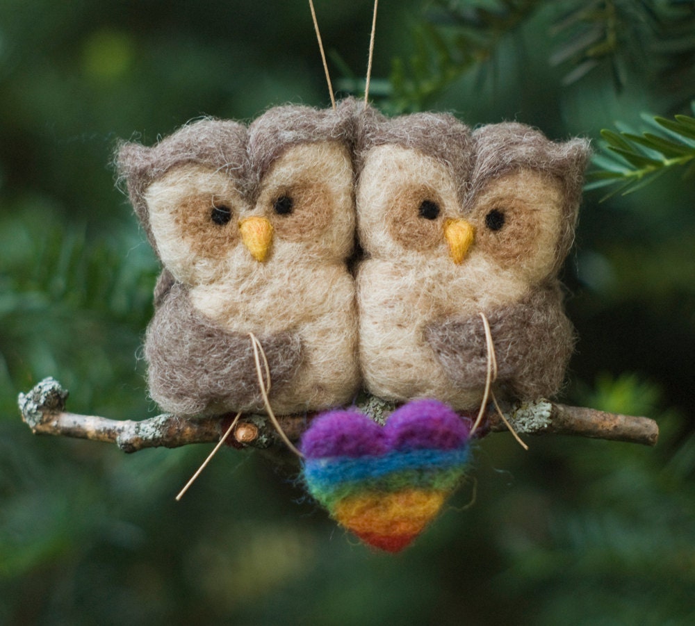 Needle Felted Owl Ornament - LGBT Pair with Heart