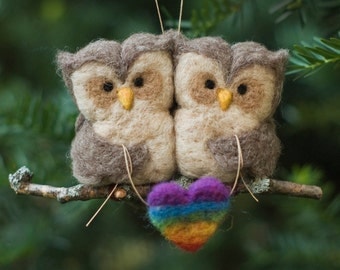 Needle Felted Owl Ornament - LGBT Pair with Heart