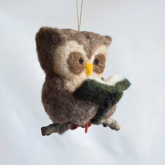 Needle Felted Owl Ornament - Reading