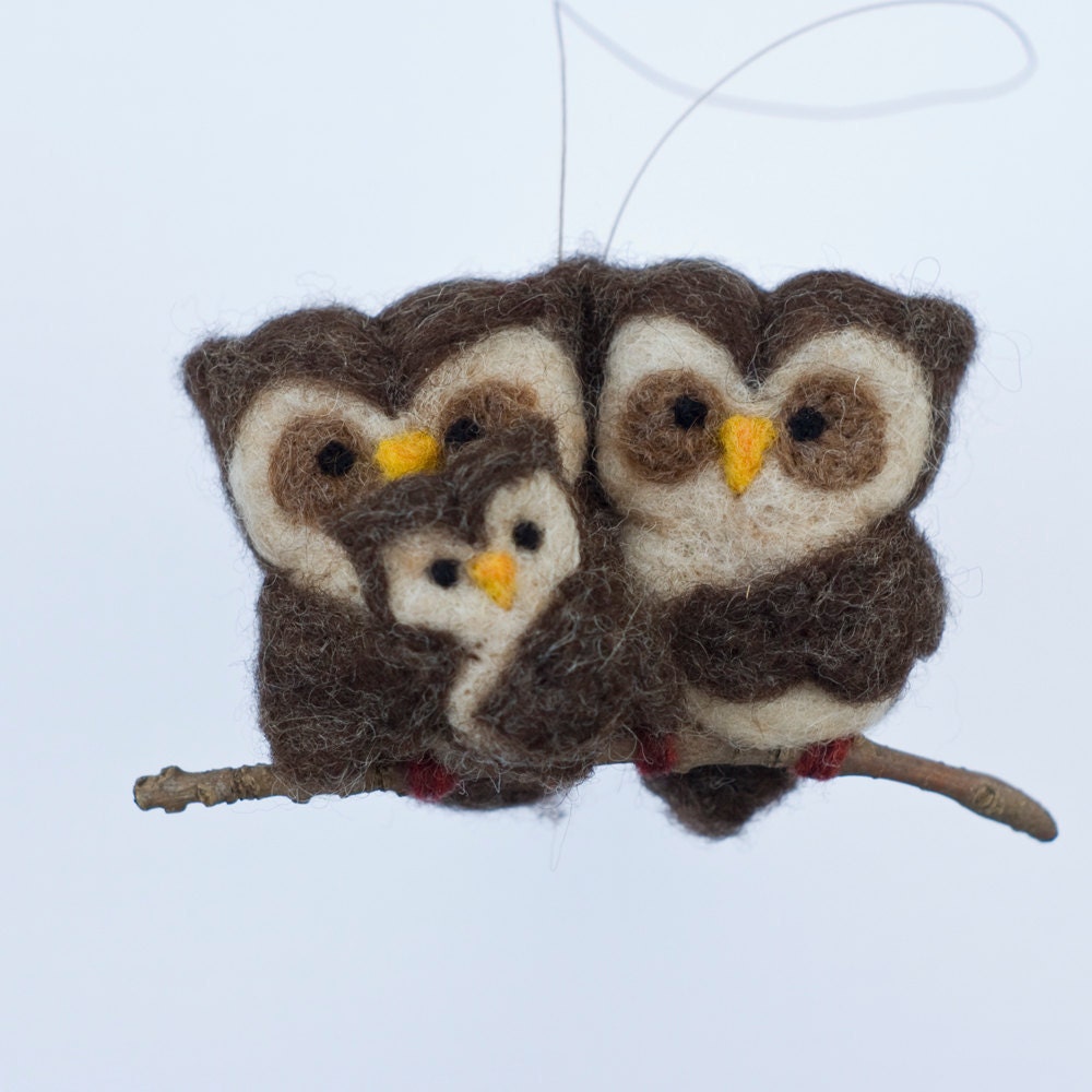 RESERVED - Needle Felted Owl Ornament - Family of Three
