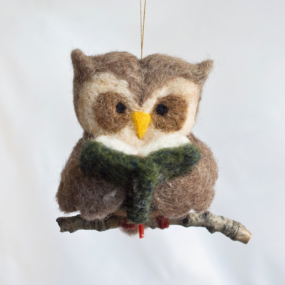 Needle Felted Owl Ornament - Reading