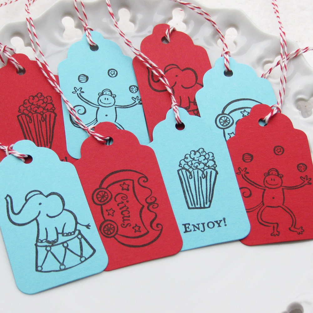 Circus Tags Assortment - Set of 8 - Custom Colors Available - Circus Birthday Party Favor Tags Carnival Party Il_570xn