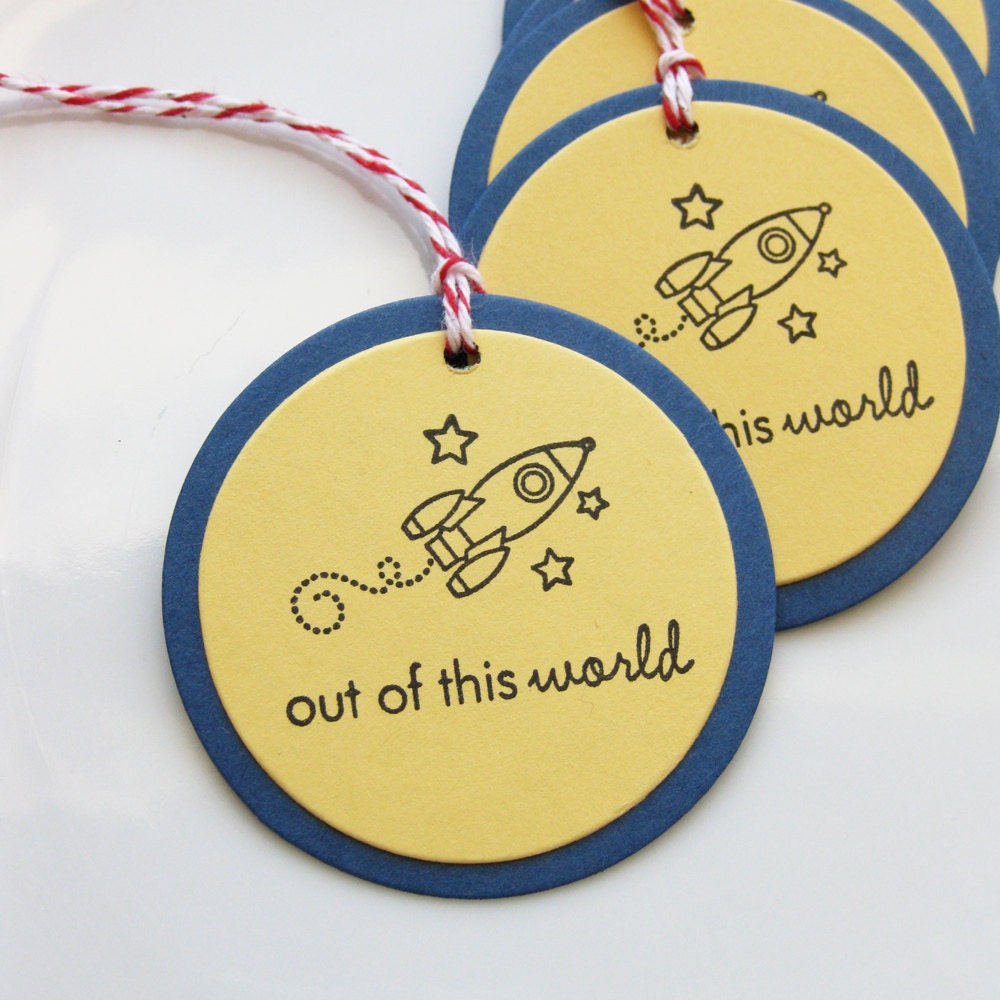 Rocket Ship Tags Out of This World - Set of 6 - Custom Colors Available - Rocket Ship Space Birthday Party Tags Il_570xn