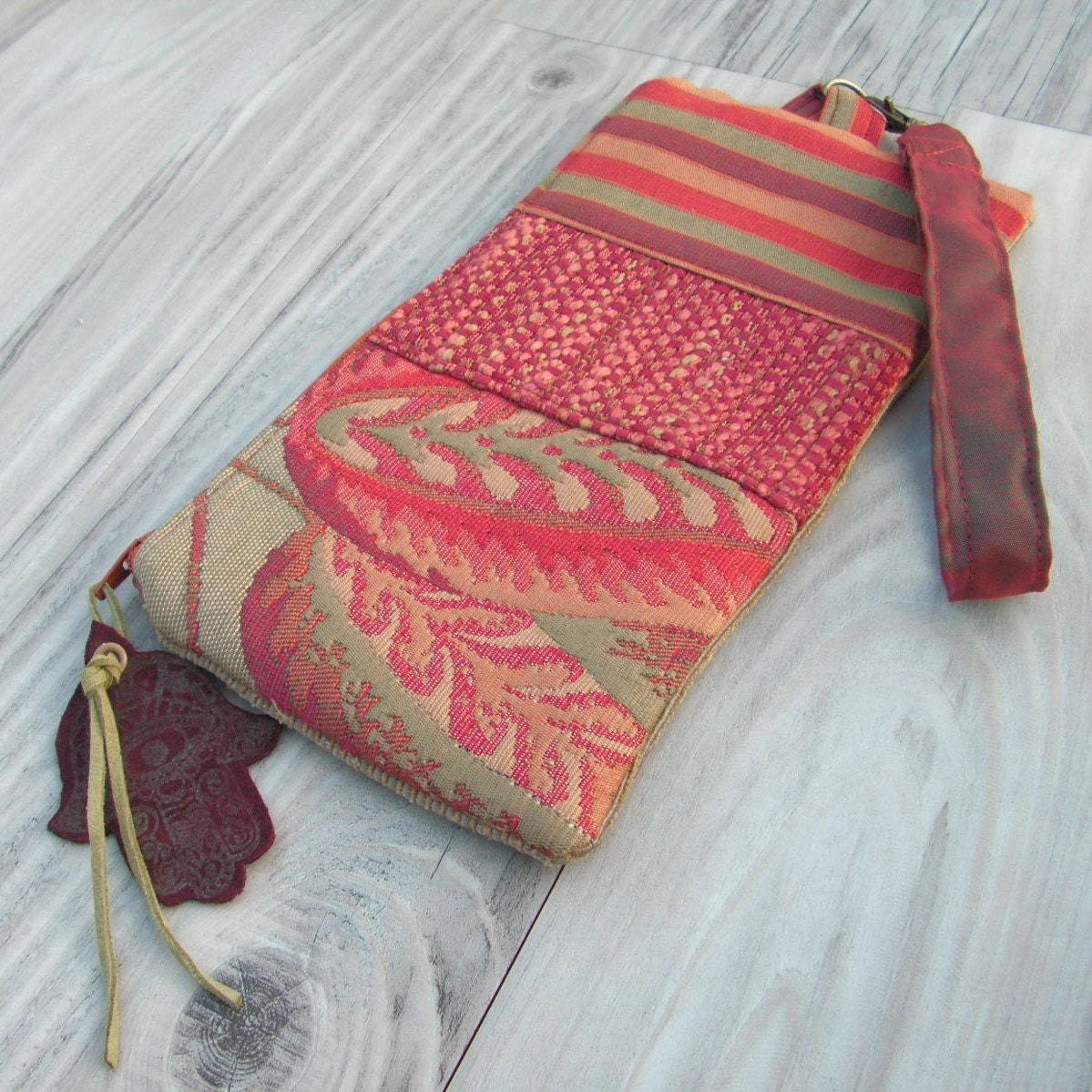 Patchwork Hamsa Clutch with Leather Zipper Pull and Detachable Handle