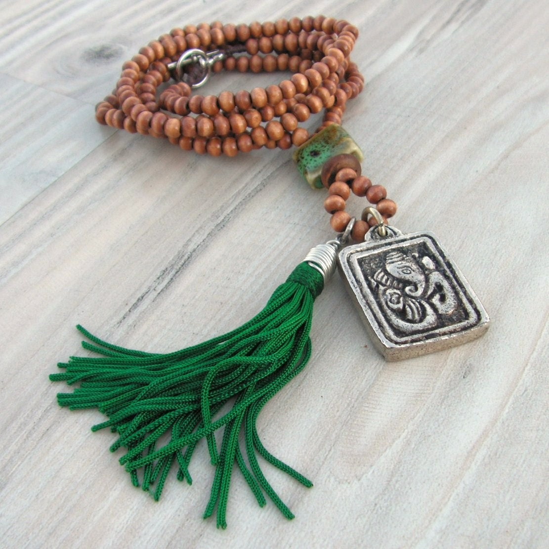 Green Ganesha Mala Necklace - Wood with Tassel and OM Pendant