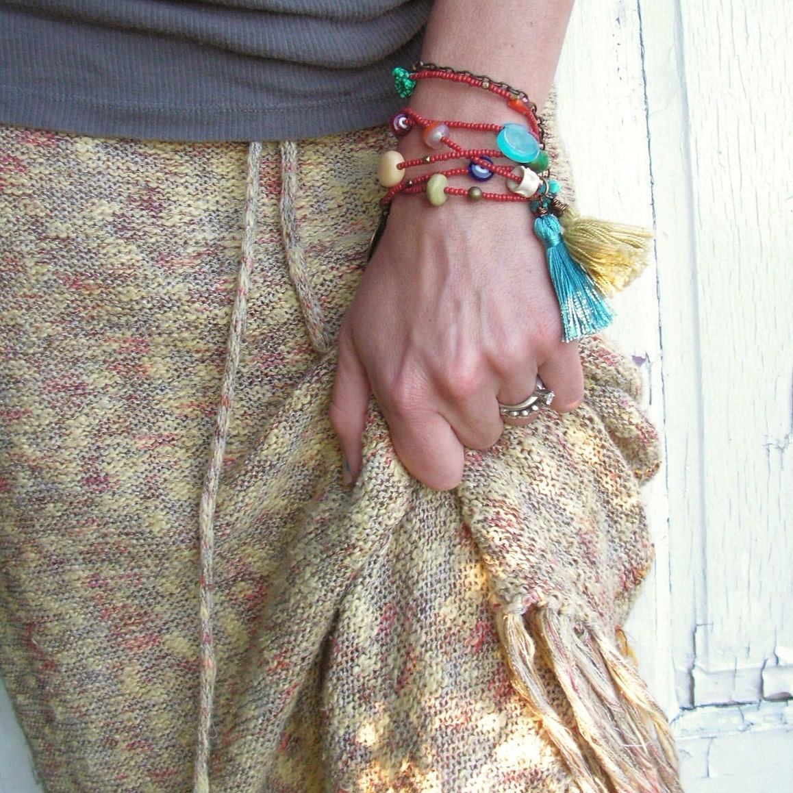 Gypsy Summer in Red - Long Beaded Necklace with Tassel and Various Gemstones