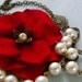Vintage Style Red Velvet  Floral Necklace With Swarovski White Pearls and Vintaj Brass