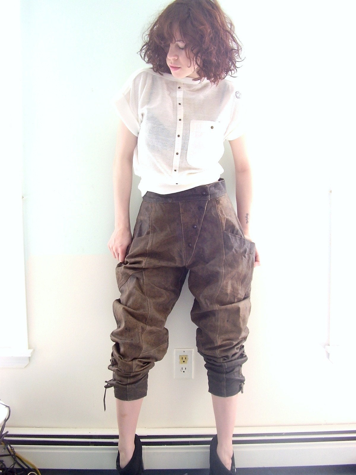 Vintage WASHED Brown LEATHER Side Tie HAREEM High Waist Trouser Pants MEDIUM