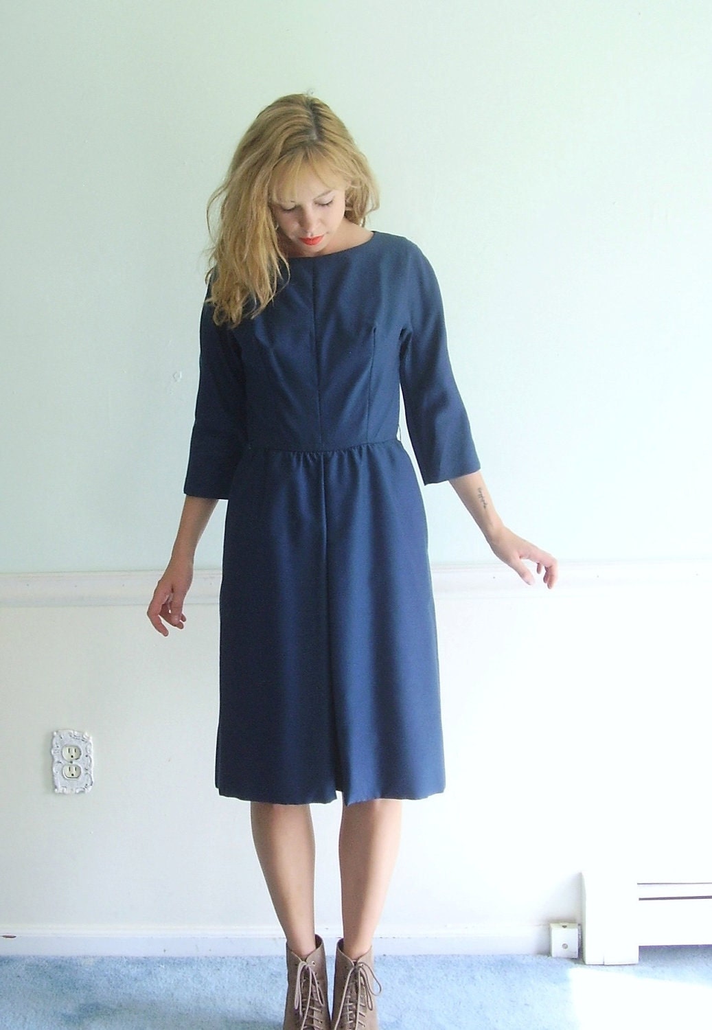 5th Avenue Vintage 50s Half Sleeve Fitted Navy Blue Knee Length Dress SMALL S