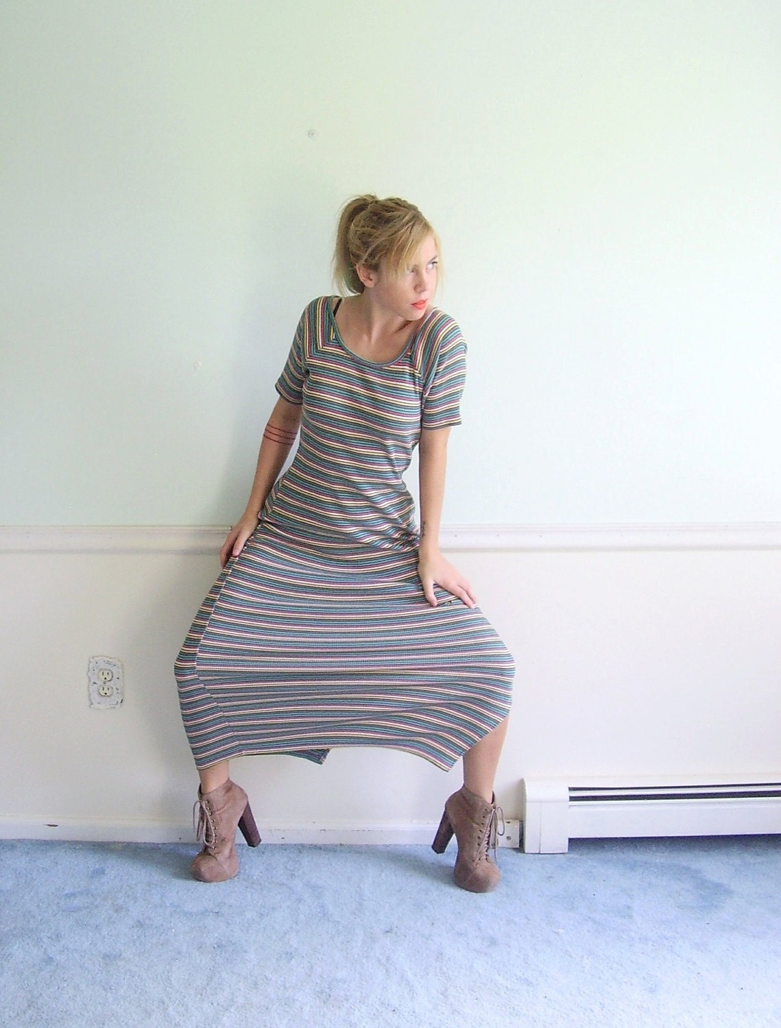 Strata Stripe Vintage Early 90s SS Ribbed Knit Maxi Dress MEDIUM M