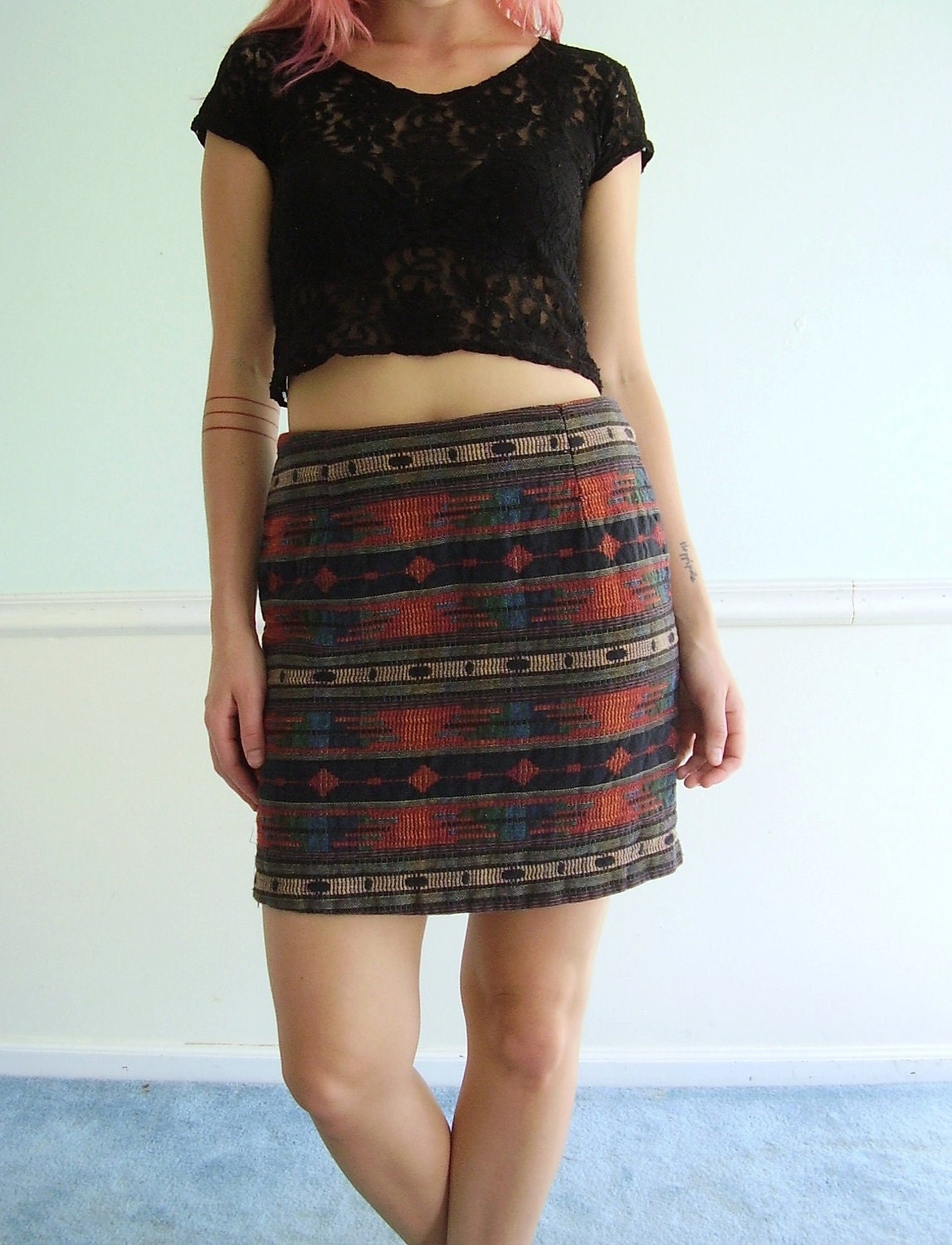 Southwestern Woven Tribal Vintage 90s Mini Skirt - MEDIUM M