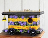 Gypsy Bee Wagon Birdhouse, Handcrafted and Hand Painted with Black and Yellow Stripes and Flowers