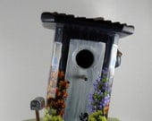 Navy Blue Birdhouse with Flowers
