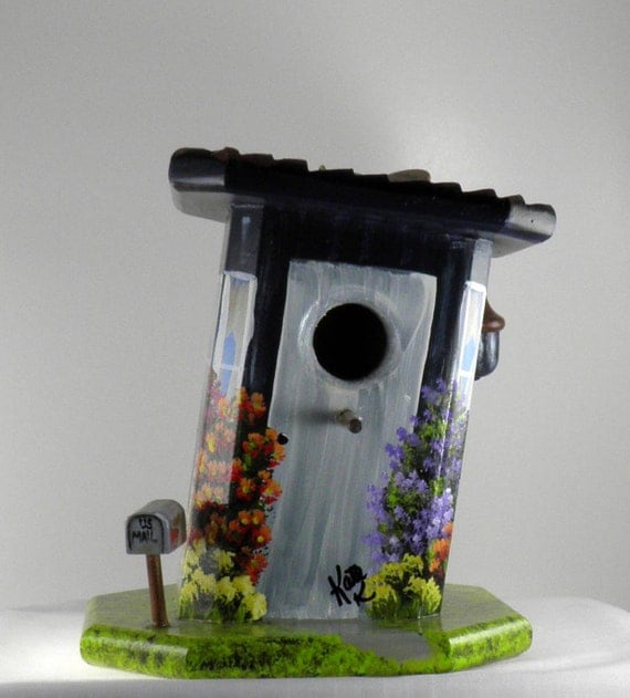 Navy Blue Birdhouse with Flowers
