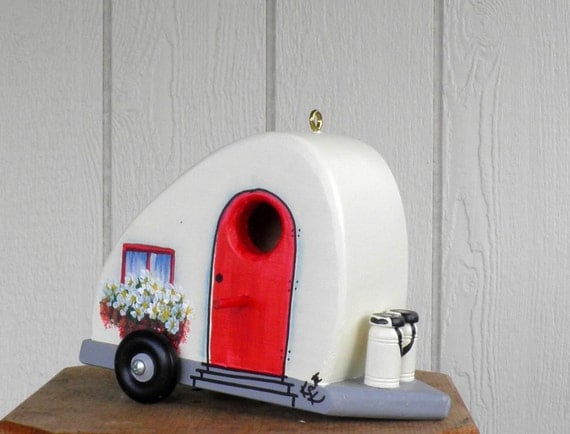 Teardrop Trailer Bird House, Cream and Red, Retro
