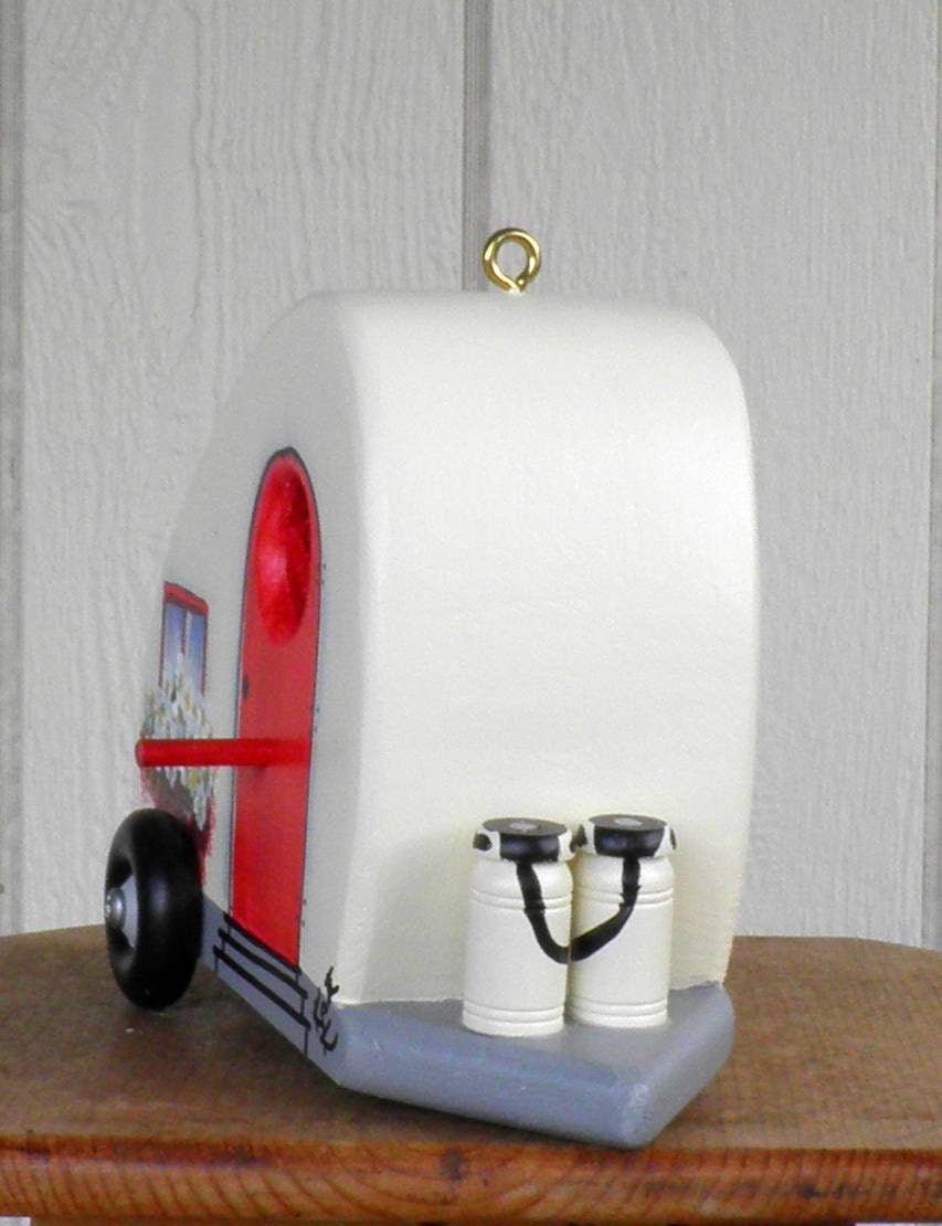 Teardrop Trailer Bird House, Cream and Red, Retro