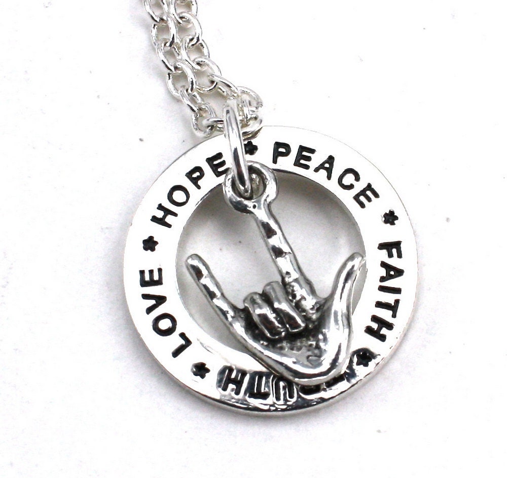 American Sign Language "I Love You" Pendant Necklace with Pewter Hope-Love-Truth-Faith-Peace Ring