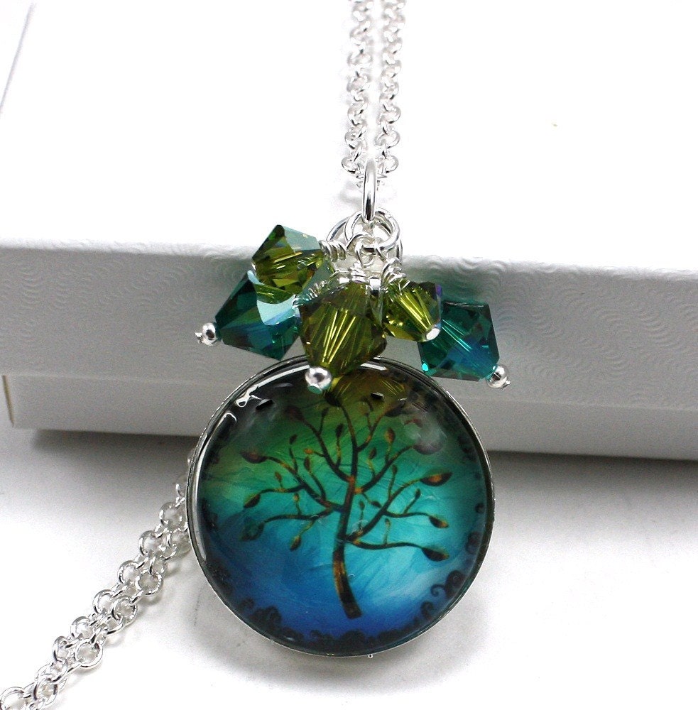 Glass Tile Dome Swarovski Crystal Cluster Pendant - Tree of Life in Blue and Green - anjalicreations