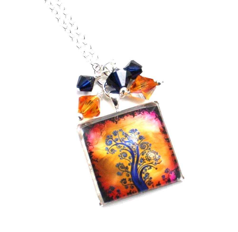 Dawn Sky Square Glass Tile Dome Tree of Life Pendant with Cluster of Swarovski Crystals