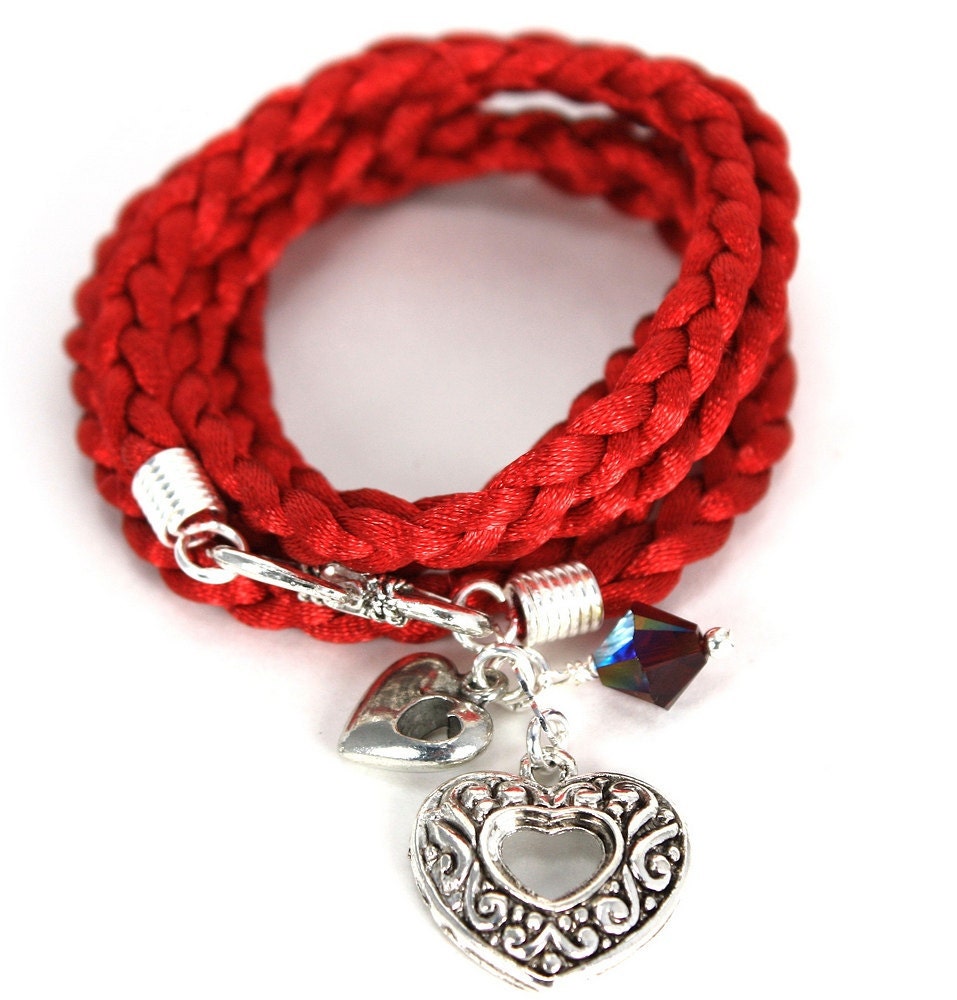 Satin Cord Wrap Bracelet - Carmine Red with Silver Hearts and Garnet Swarovski Crystals - anjalicreations