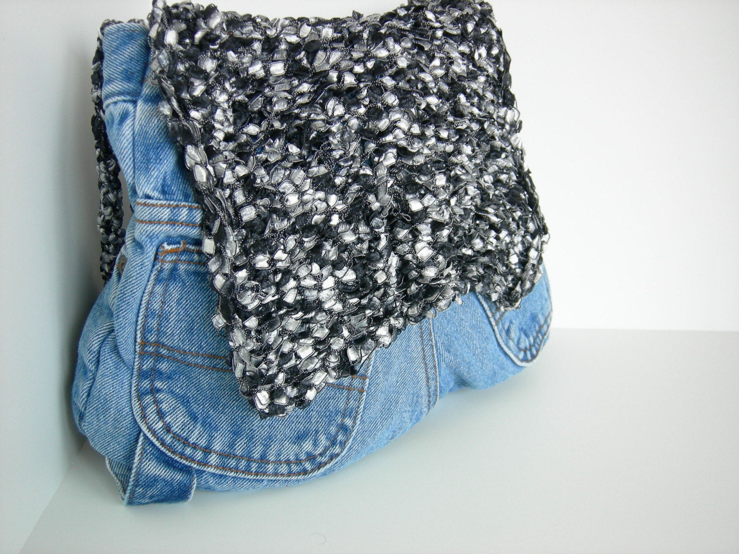SALE- Fat Bottomed  Blue Jean with Black/White Tweed Knit Flap
