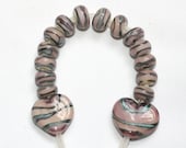Lampwork Pink Beads with Two Hearts - Gray - Supplies Bead