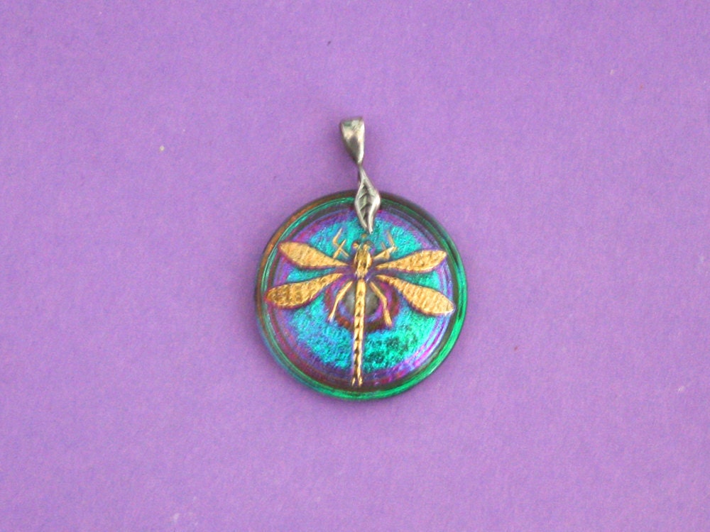 Dragonfly Czech Button Pendant - Turquoise - Purple - Hot Pink - Teal