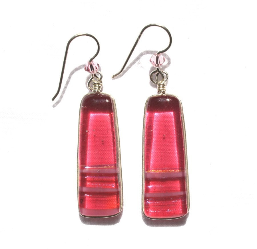 Pinkish Orange Dichroic Glass Wire Wrapped Earrings - Jewelry Earrings