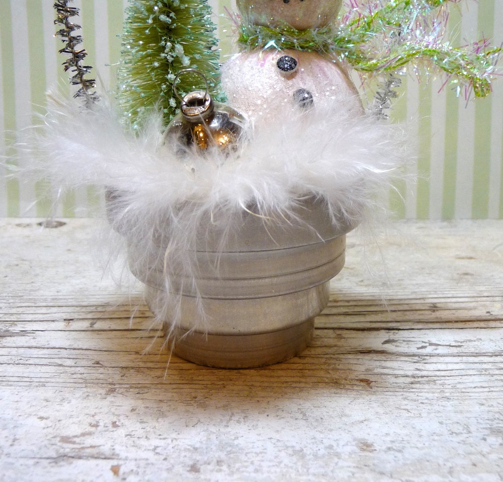 Winter Mint - Cottage Style Glittery Snowman Cup with Bottle Brush Tree Christmas Folk Art Ornament