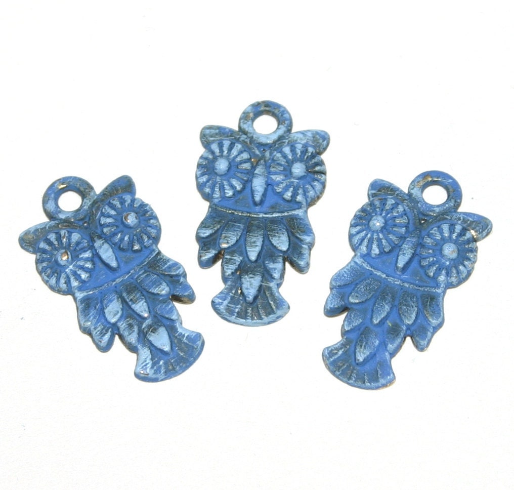 Owl Charms, Hand Painted Patina, Blue Mix over Antique Gold, 6 Pieces, 20mm x 11mm, Sale, Lowest Price