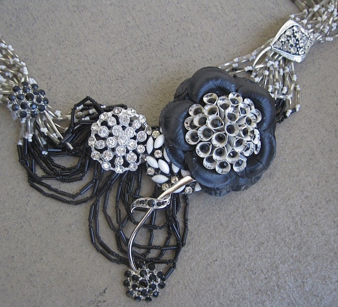 Broadway Baby: ART DECO Vintage Floral Assemblage Statement Necklace Black and White One of a Kind ooak