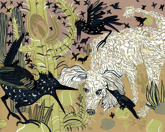 Original Woodcut about Starlings, poodles, tennis balls and saguaros.
