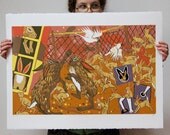 Rabbits in Australia with a little bit of magic original hand pulled woodcut
