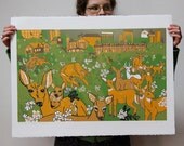 Invasive Deer and Multiflora Rose and Cornell University original hand pulled woodcut