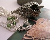 Unique Bird Nest Pendant Necklace, Long Bird Nest Nature Charm Necklace, Long Silver Chain Necklace, Gift