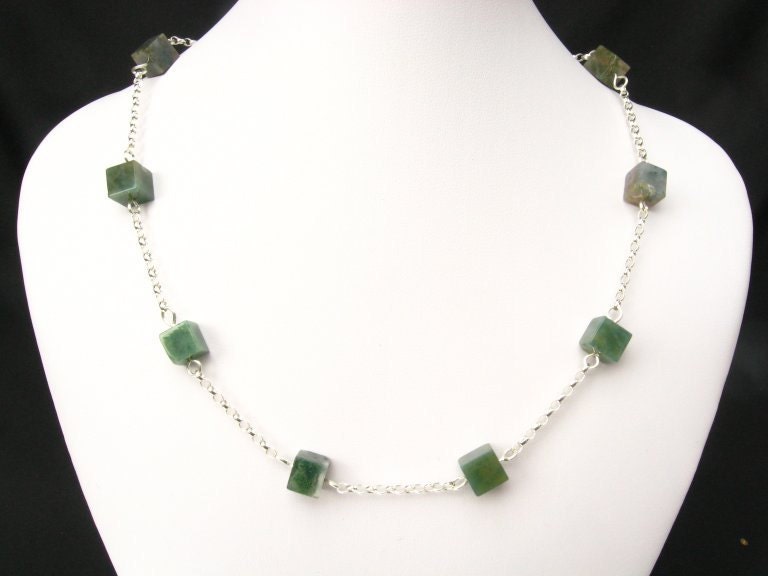 Moss Agate Square Cube Necklace - Late Roman