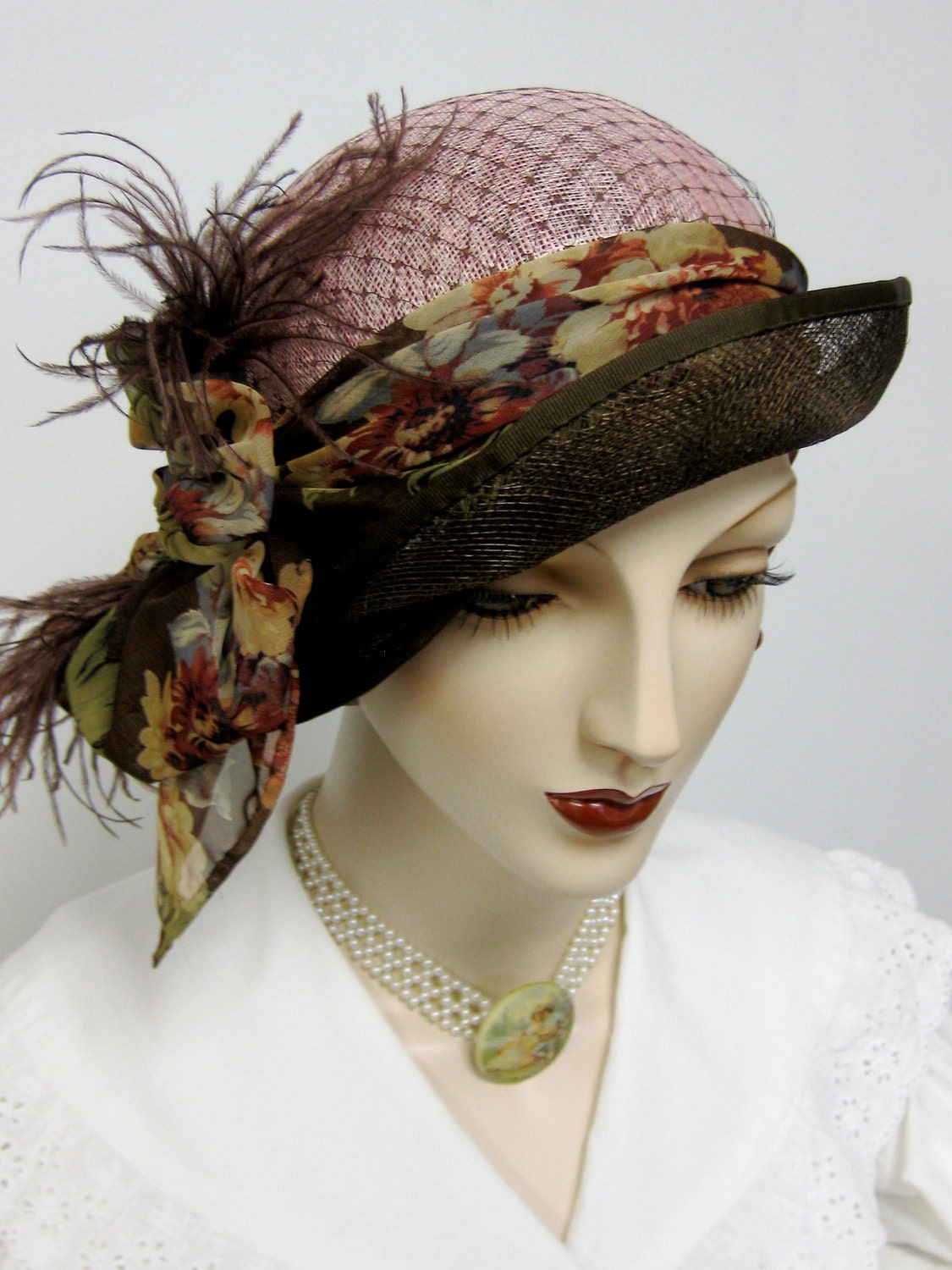 Pink and Brown Handblocked Sinamay  Cloche