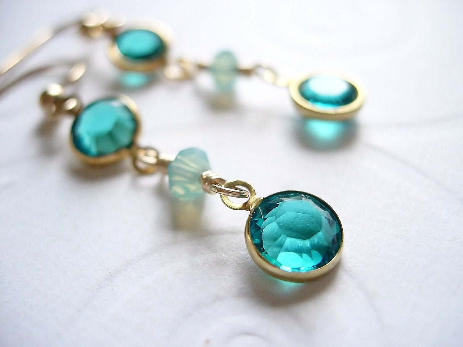 Swarovski Blue Zircon and Pacific Opal, Crystal Channel Link Earrings, Gold Filled Earwires, Long, Bridesmaid, Teal, Aqua, Caribbean Blue