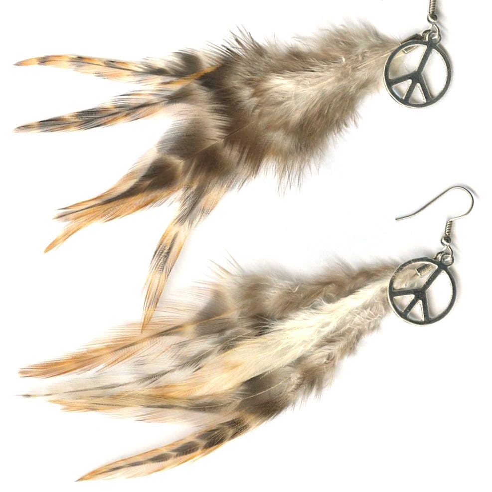 Natural feather earrings with peace sign  medium or long - Meredithbead