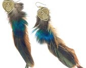 Natural feather long earrings peacock plumage with Quan Yin coin