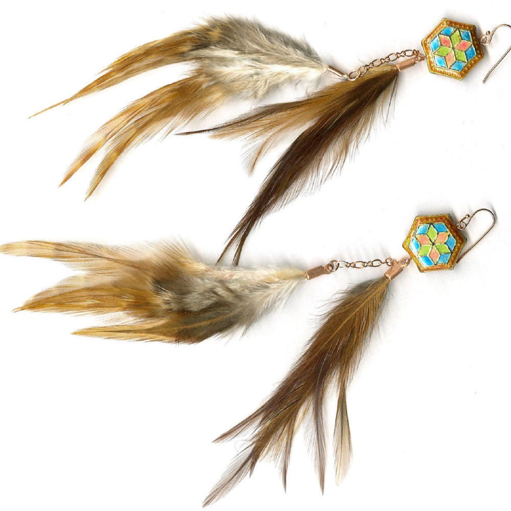 Double dangle feather earrings Chinese enamel Star of David