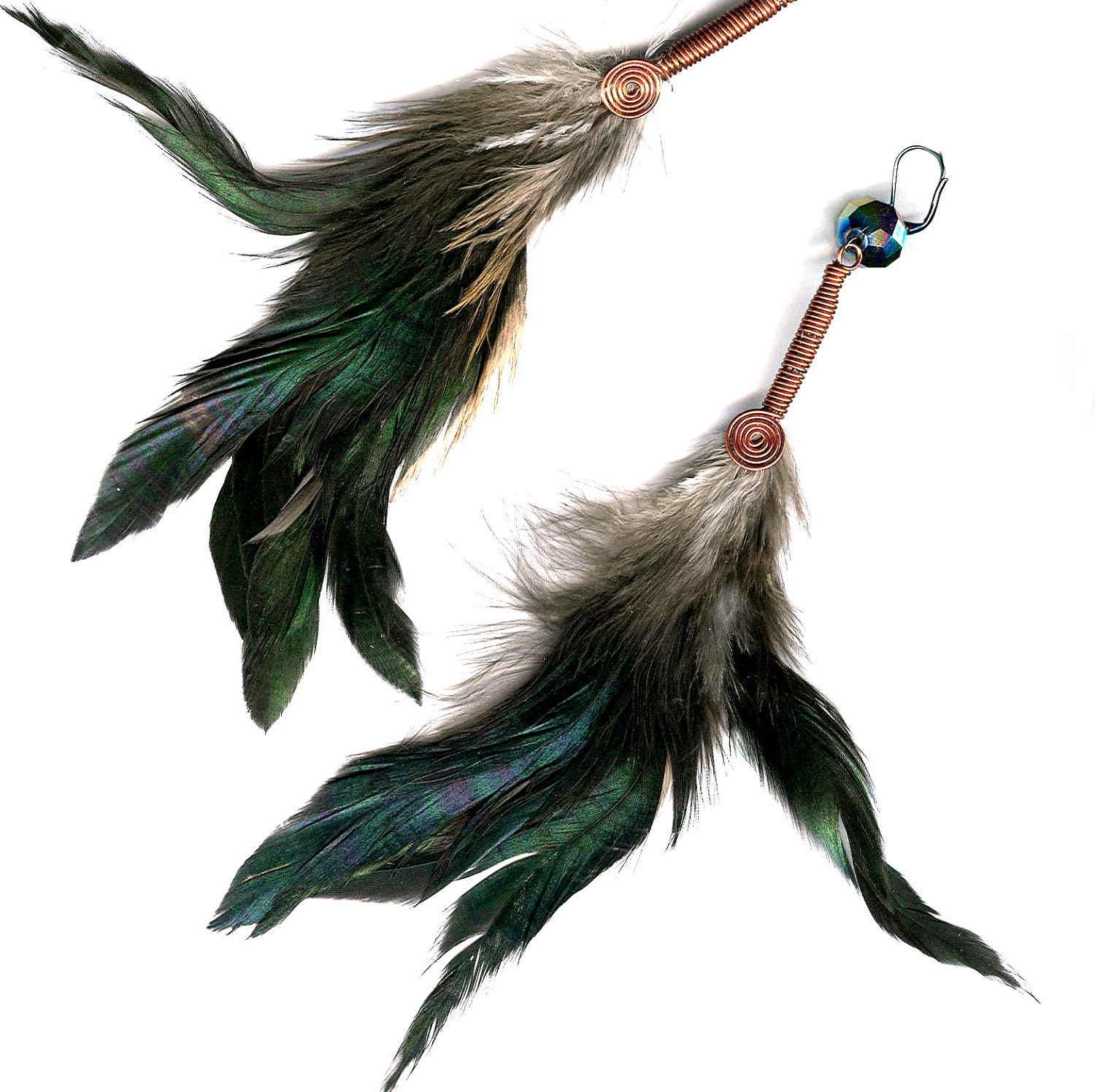 Natural feather extra long earrings copper coil