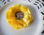 Yellow Satin Tinkerbell Fabric Hair Flower Clip with Bottle Cap  Center
