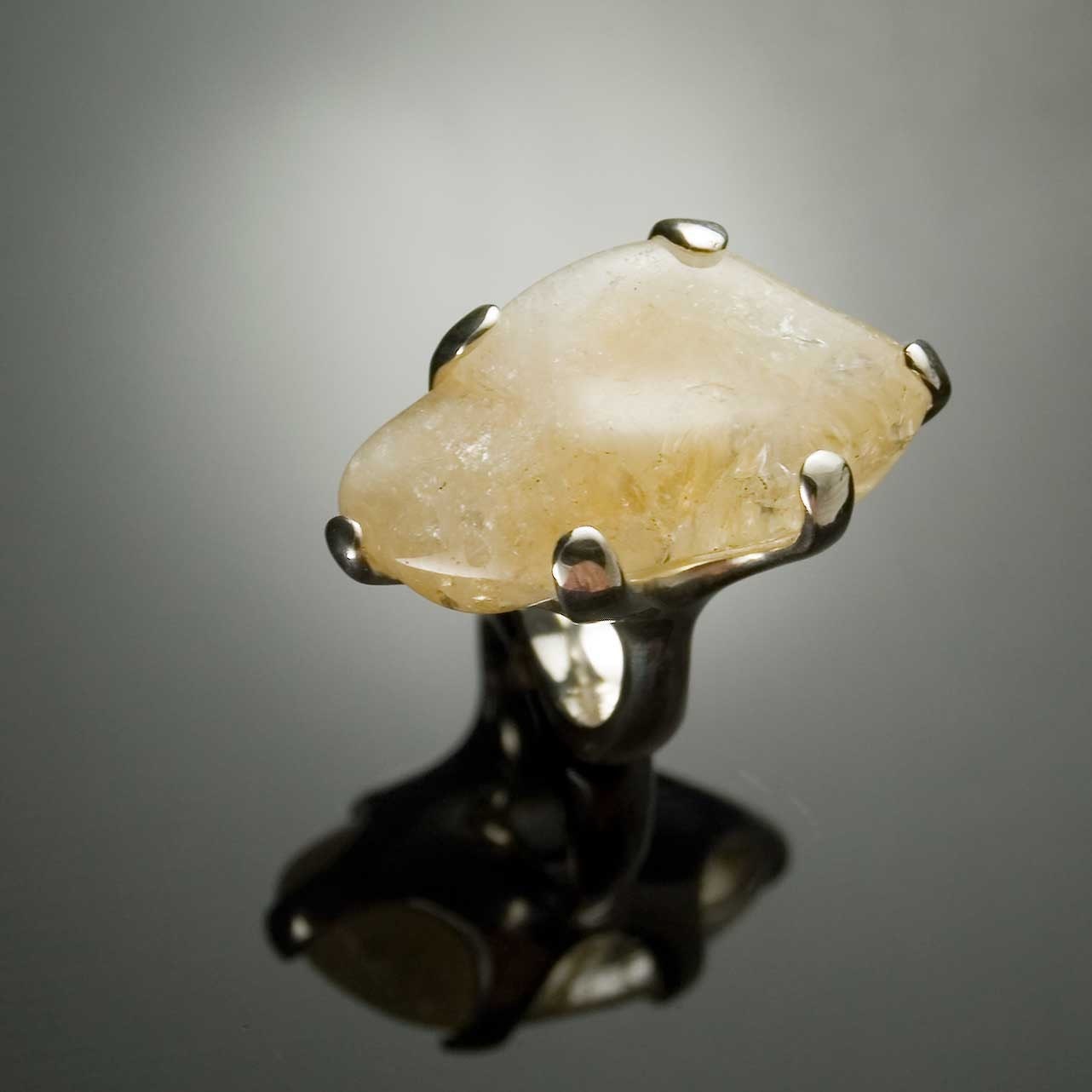 Captured Yellow Citrine Tumbled Gemstone Rock Ring, OOAK size 6.5 to 7 Cocktail Ring