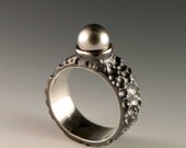 Wide Textured Sterling Silver Ring with Dark Pearl Unisex Oxidized Ring