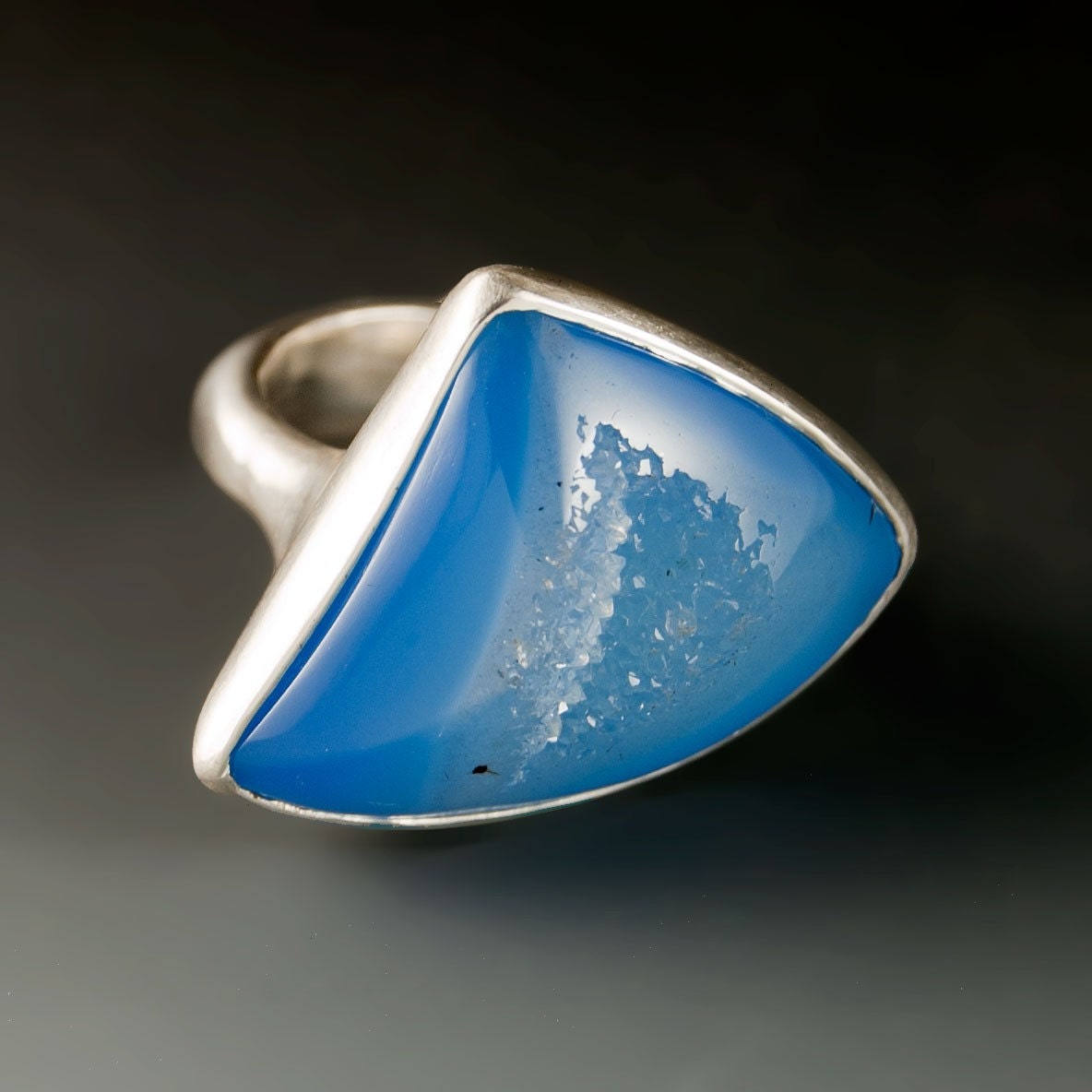 Bermuda Triangle Ring, Sterling Silver with Blue Drusy Agate in Size 7 1/2