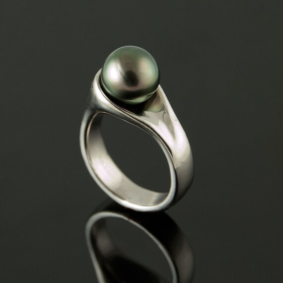 Tahitian Black Pearl Ring in Palladium, Modern Pearl Engagement Ring