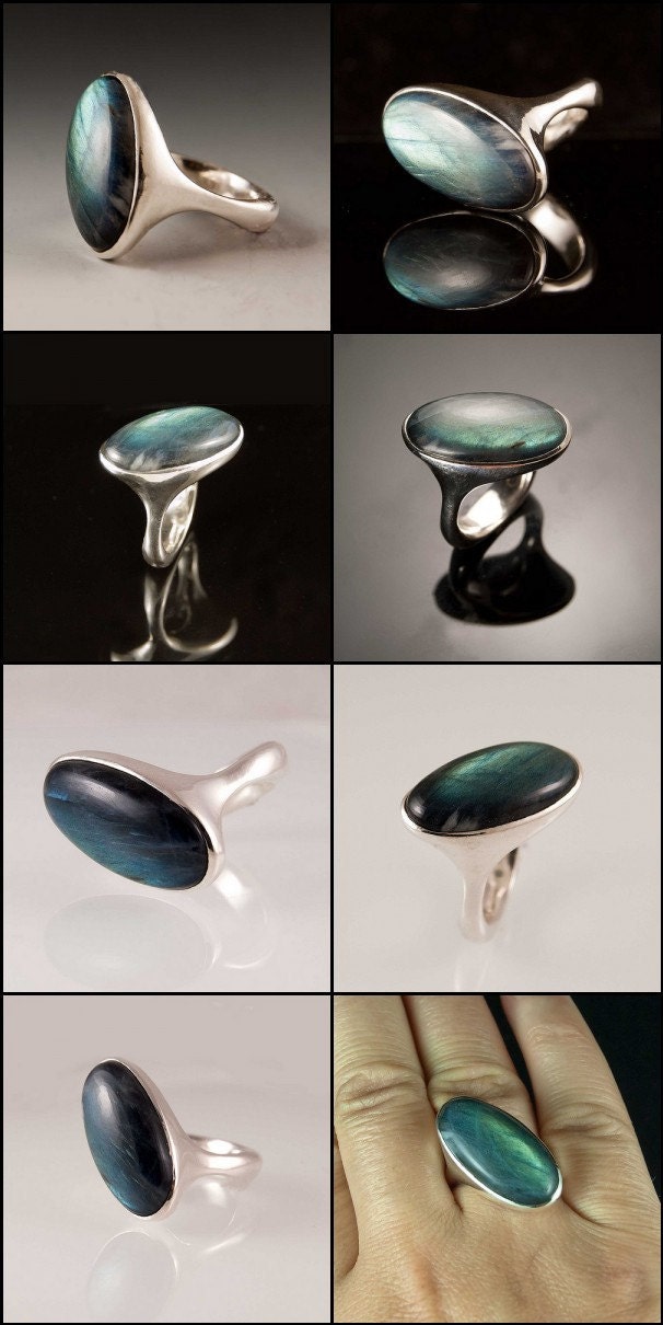 Gray Blue Labradorite Sterling Silver Ergo Ring  - Oval Gemstone Ring